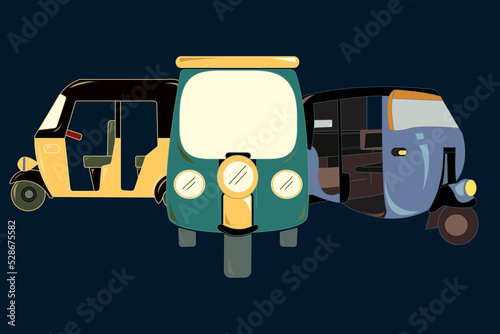 Vector set of glaucous, myrtle green, maximum yellow red and black color autorickshaw on oxford blue background. textile design, cartoon style vector, wallpaper.