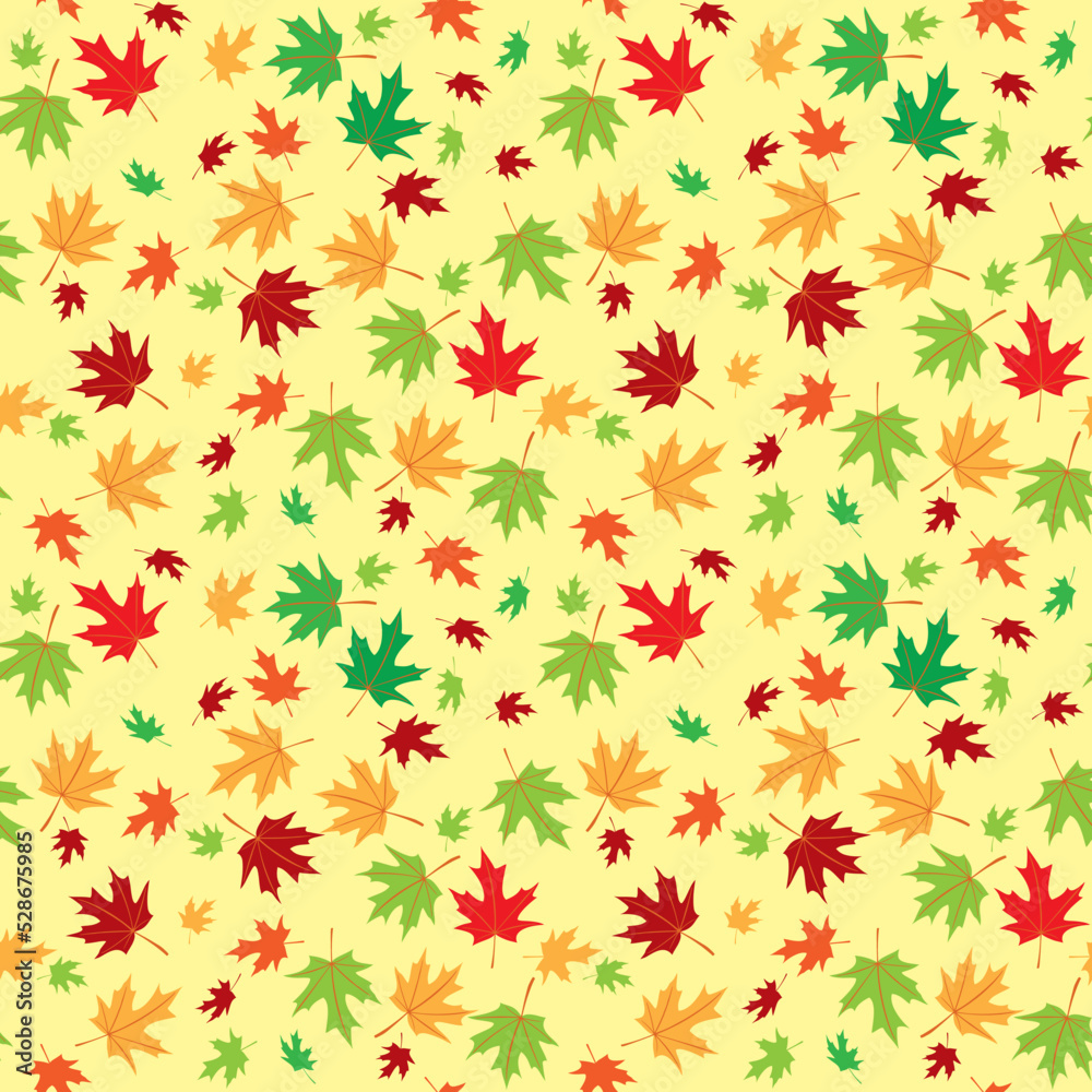 yellow autumn background with bright maple leaves - vector seamless pattern