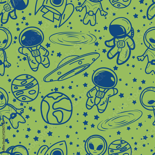 incredibly interesting and cute space doodle with flying saucer, rocket, planets, stars and aliens. Beautiful print for wallpaper and clothes in vector. Pattern. Part of color set