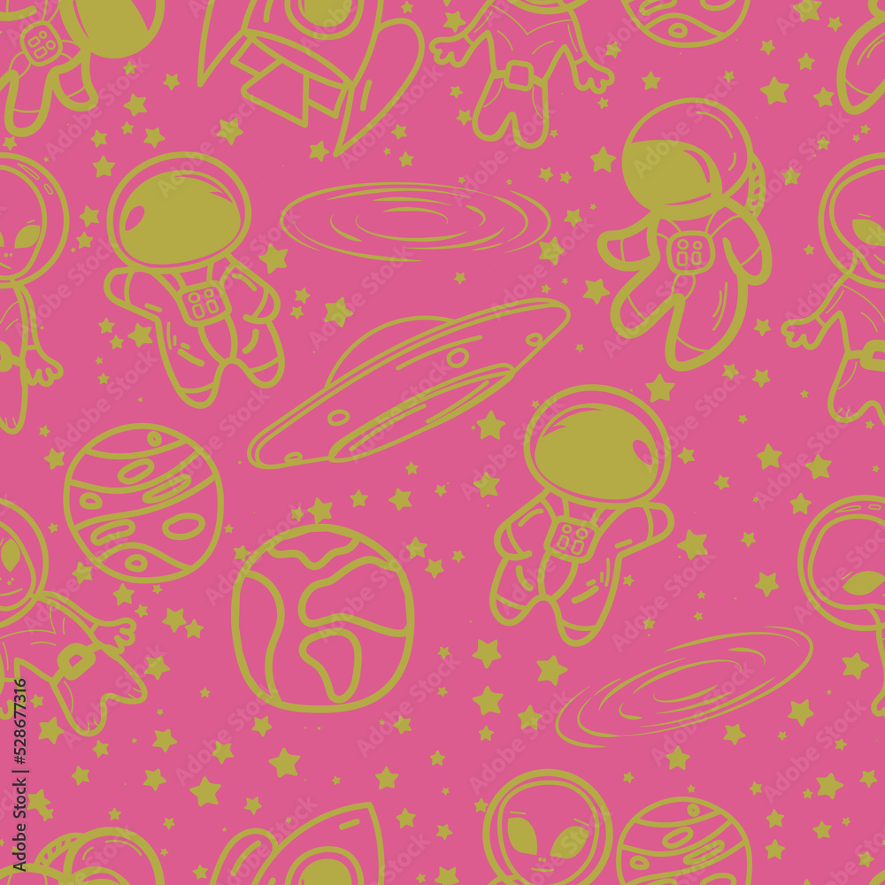 incredibly interesting and cute space doodle with flying saucer, rocket, planets, stars and aliens. Beautiful print for wallpaper and clothes in vector. Pattern. Part of color set incredibly interesting and cute space doodle with flying saucer, rocket, planets, stars and aliens. Beautiful print for wallpaper and clothes in vector. Pattern. Part of color set