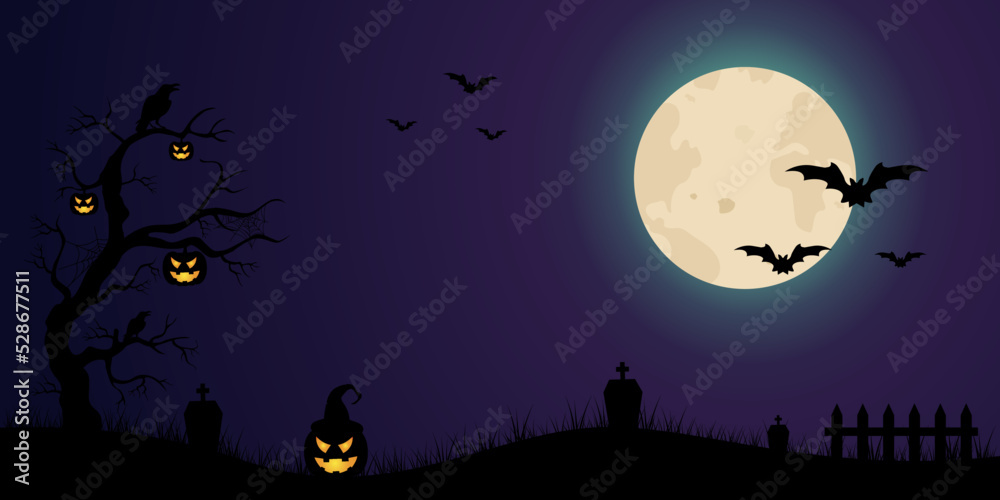 Halloween background with pumpkin in grass, tree,moon and bat. Design for poster,banner,web