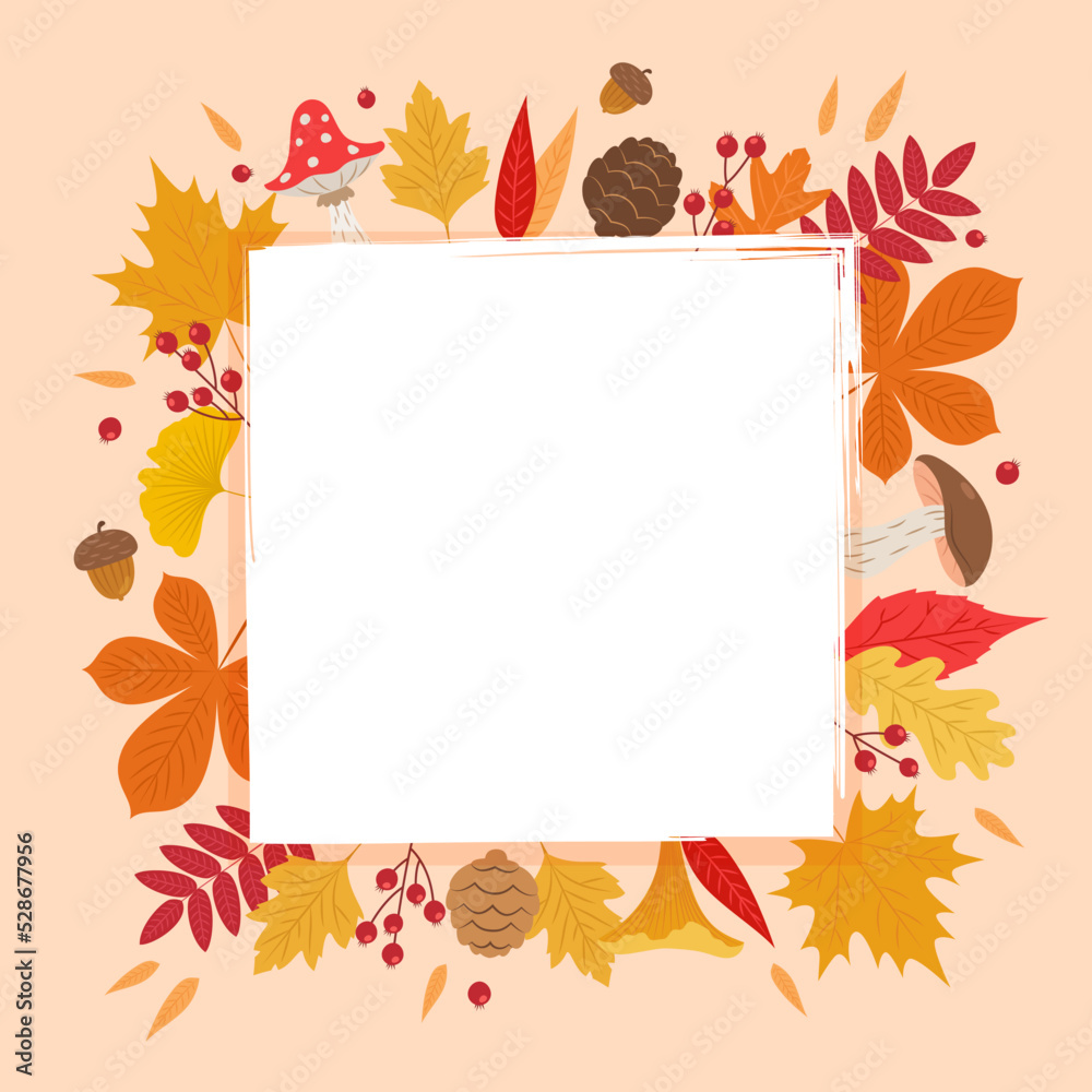 Autumn leaves frame, square shape with different kind of leaves around, copy space. Cute vector illustration in flat cartoon style, banner template