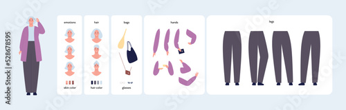 Character diy kit. Vector flat design people illustration. Woman constructor element set. Old female avatar with various emotion, hair, skin, bag, hands and leg in construction elements