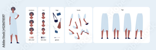 Character diy kit. Vector flat design people illustration. Woman constructor element set. African senior adult female avatar with various emotion, hair, skin, bag, hand and leg construction elements