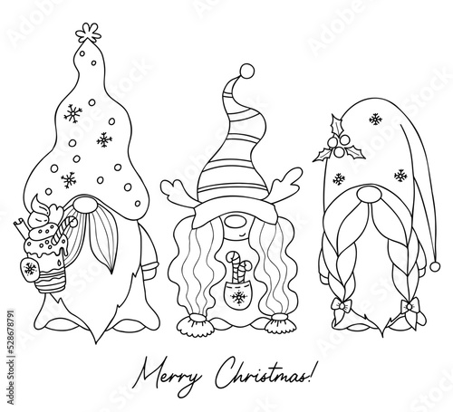 Christmas Scandinavian gnomes. New year gnome with creamy dessert and gnome girl with deer antlers and caramel stick. Linear hand drawing. Vector illustration. Isolated characters for decoration.