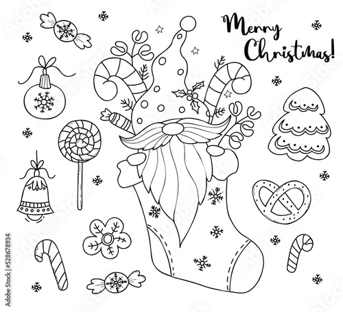 Christmas Collection. Scandinavian gnome in Christmas sock with caramel sticks, gingerbread, balls, lollipop, and candies. Vector Linear hand drawn doodle. isolated drawings for holiday decor, design.