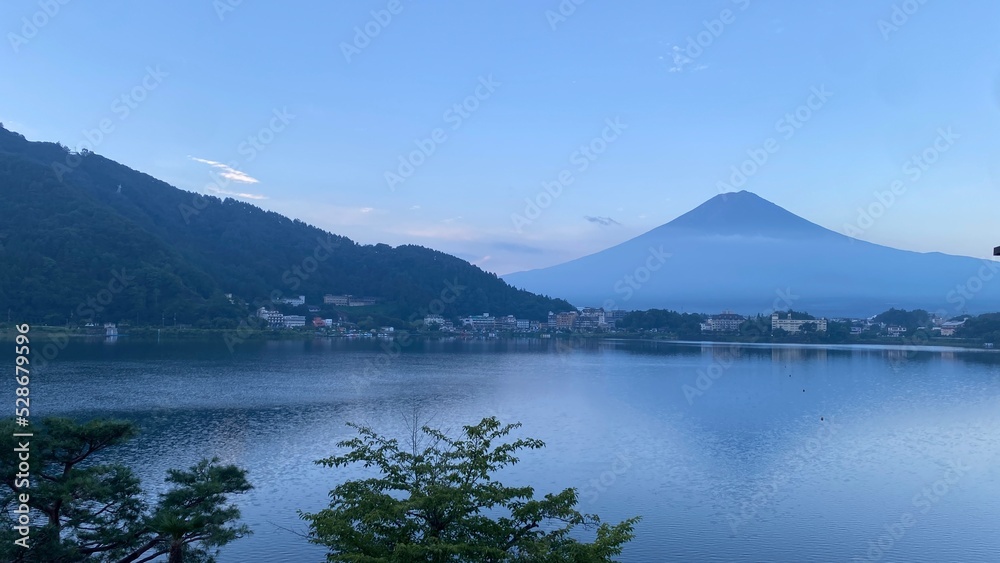 5:33am majestic Mt. Fuji of Japan, the world heritage.  View from Kawaguchiko lakeside in Yamanashi prefecture, year 2022 August 27th