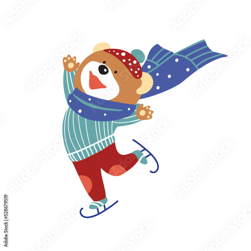 A cute cartoon bear is ice skating. Winter holidays. Can be used for kids clothes design, prints and posters. photo