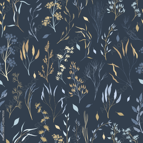 Seamless pattern with elegant twigs on a dark background