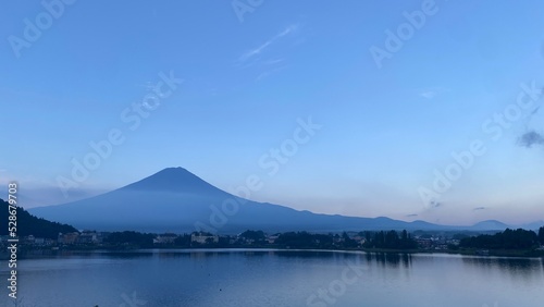 5:30am, the clear view of the Mt. Fuji, the world heritage of Japan. Beautiful morning light at the lakeside of Kawaguchiko, Yamanashi prefecture. Return to the hometown year 2022 August 27th