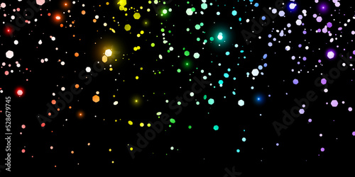 Rainbow glitter confetti with glow lights on black background. Vector