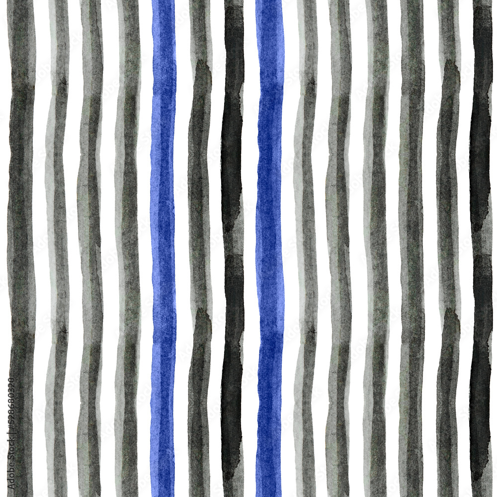 Hand painted  watercolor black and blue,vertical lines, isolated on white. Seamless abstract striped grunge pattern. Trendy geometric illustrtion.