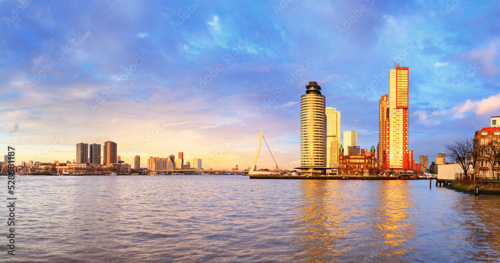 Cityscape, panorama, banner - view of Rotterdam with Tower blocks in the Kop van Zuid neighbourhood and Erasmus Bridge, The Netherlands