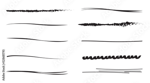A set of wavy horizontal artistic brushes.Doodles, ink brushes. Set of vector grunge brushes. Collection of marker strokes.