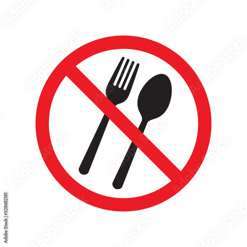 Spoon and fork, No eating circle sign, Prohibition symbol sticker for public places, Isolated on white background, Vector illustration
