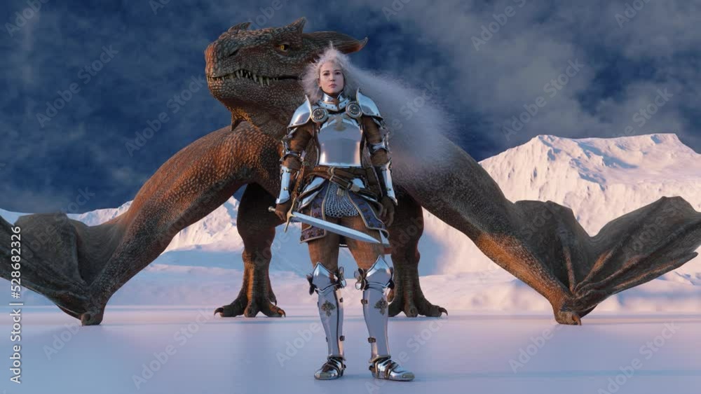 White haired female warrior knight stands with a drawn sword and a ...