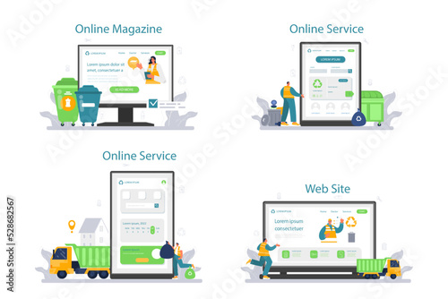 Grabage collector online service or platform set. Cleaning work emtying