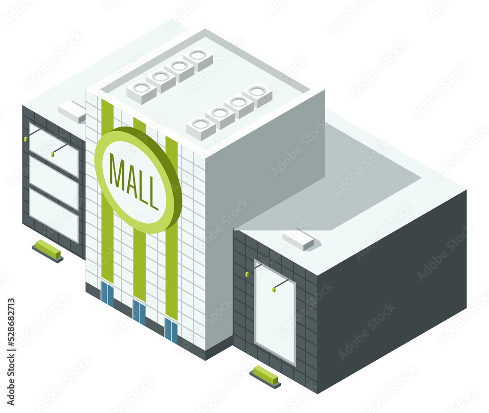 Isometric mall. Big urban store. Shopping center Isometric mall. Big urban store. Shopping center