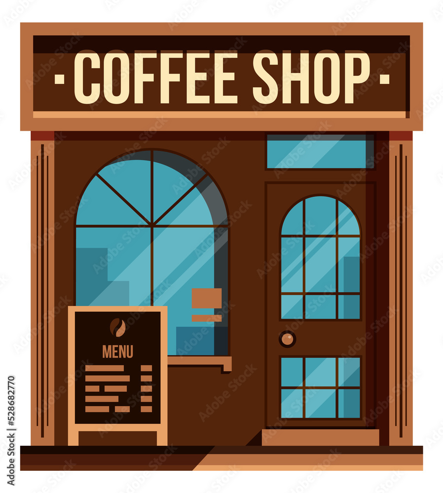 Coffee shop. Cartoon cafe facade. Small street store Coffee shop. Cartoon cafe facade. Small street store