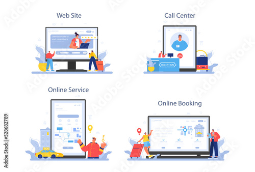 Hotel administrator online service or platform set. Tourism service,