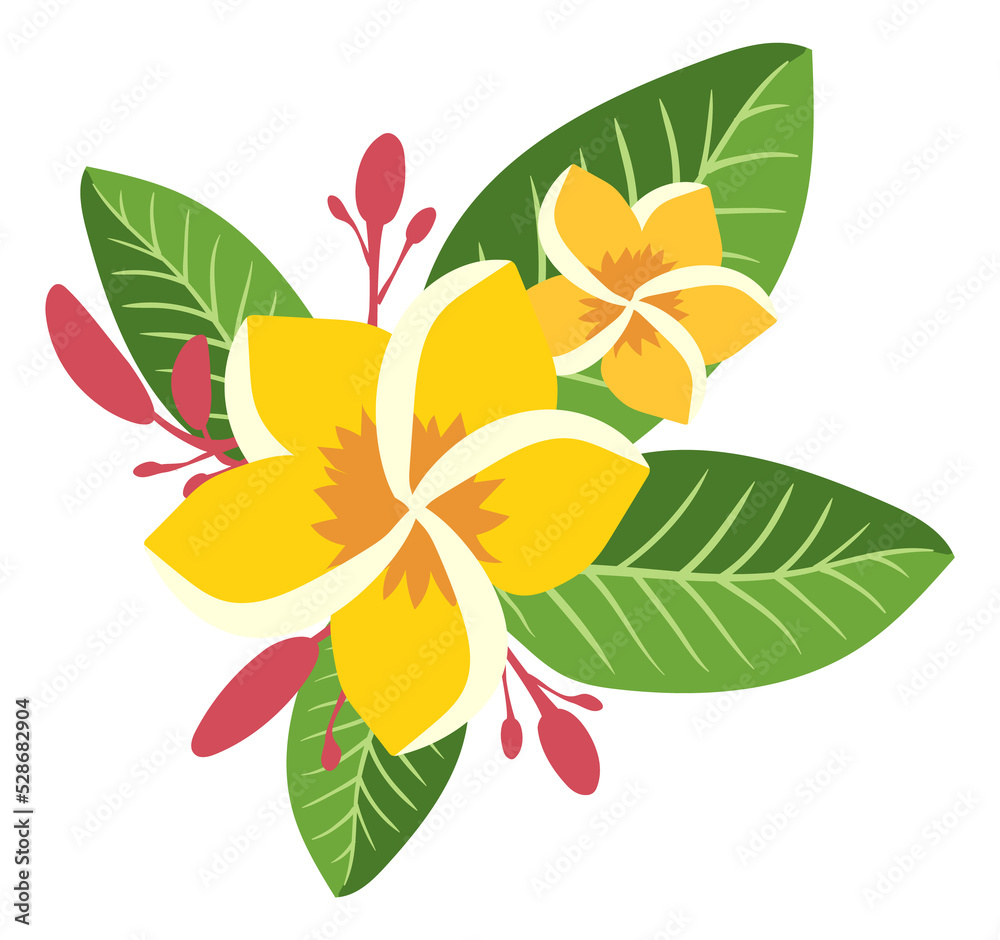 Fototapeta premium Yellow flowers on green leaves. Tropical paradise symbol