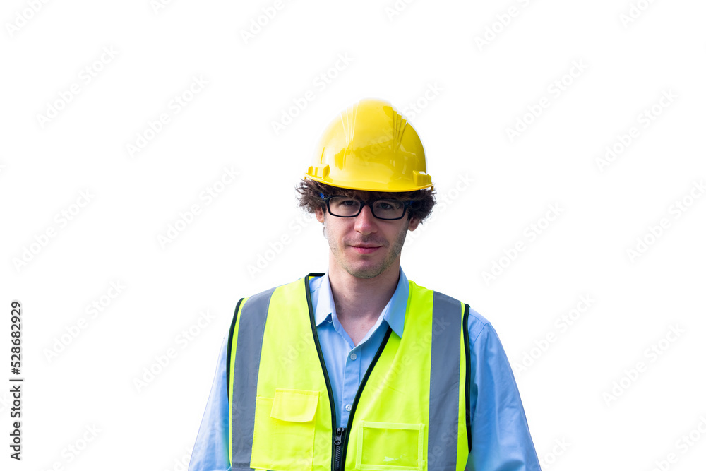 Young construction workers in hard hats on a white background Young construction workers in hard hats on a white background