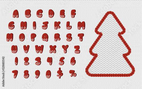 Witer alphabet with Christmas tree frame to decorate holiday greeting cards or sale post in social media. Red holiday letters for poster title, banner or flyer