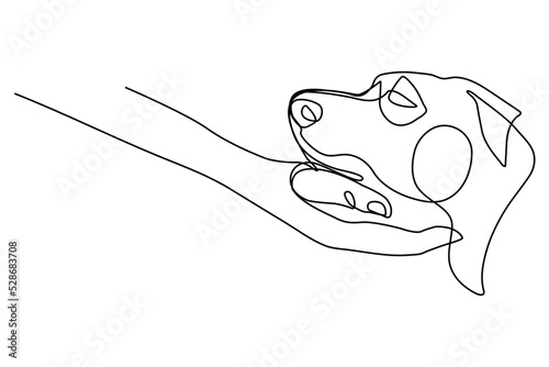 continuous line drawing of happy pet lover with dog