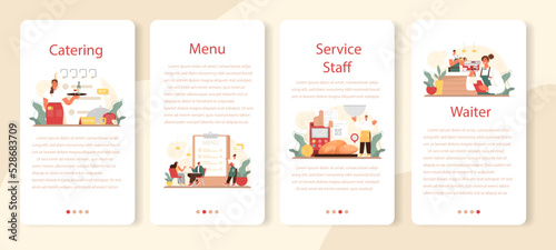 Waiter mobile application banner set. Restaurant staff in the uniform