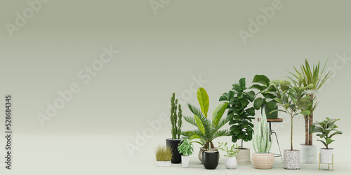 Banner with home plants and copy space for your advertisement text or logo. Plants store, green interior details. Potted plants sale. Template with free, empty space. 3d rendering.