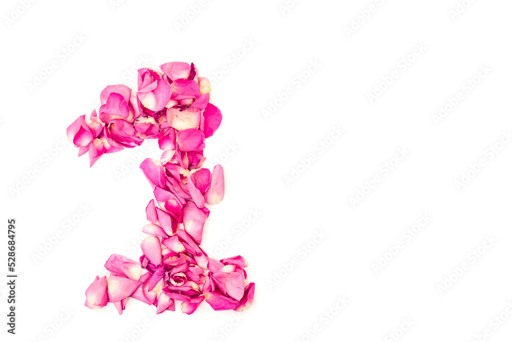 number 1 made from pink petals rose. Pink roses. Element for decoration. number 1 made from pink petals rose. Pink roses. Element for decoration.