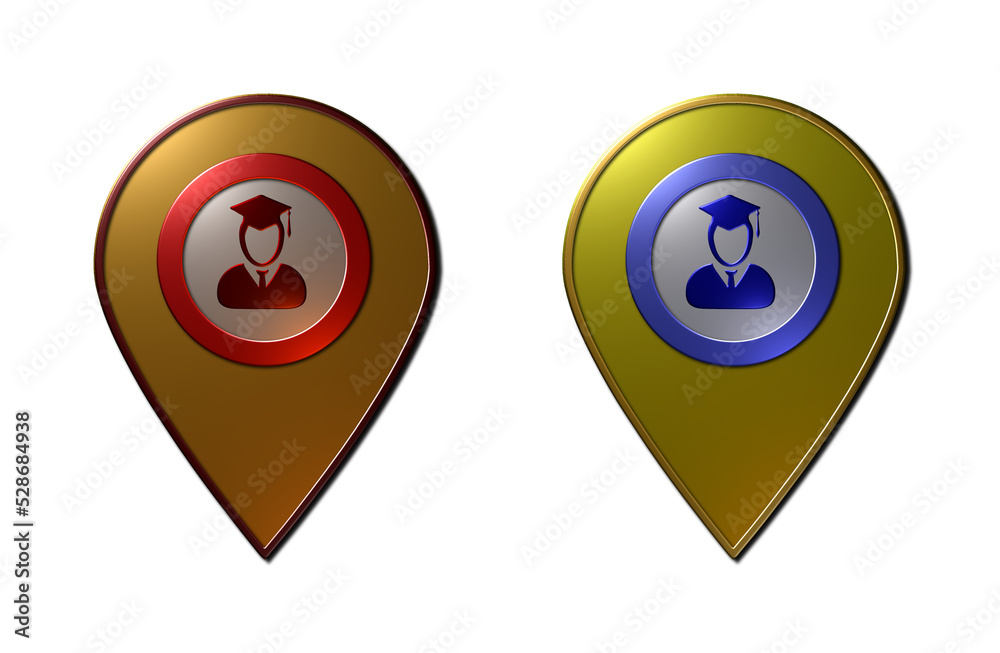 A set of 2 - 3D rendered illustrations of education institution location pins in metallic texture finishing, isolated on a white background. A set of 2 - 3D rendered illustrations of education institution location pins in metallic texture finishing, isolated on a white background.