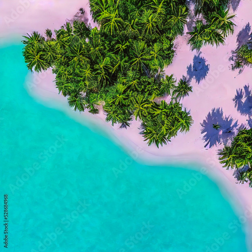 Aerial view of sandy tropical beach in summer. Aerial landscape of sandy beach and ocean with waves, view from drone. 3d