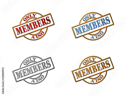 A set of 4 - 3D rendered illustrations of metallic wire frame " MEMBERS ONLY" seals in platinum, gold, red and blue metallic textured finish, isolated on a white background.