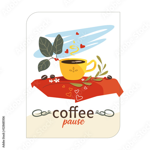 Cup of coffee on table with plants and hearts in flat style