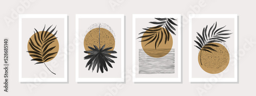 Minimal illustration of hand drawn textured sun, watercolor palm leaves
