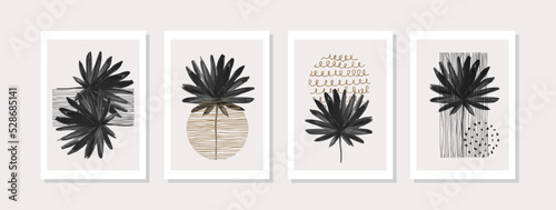 Minimal illustration of hand drawn textured sun, watercolor palm leaves