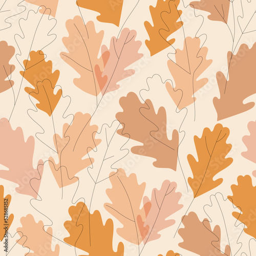 Autumn oak leaves silhouettes and continuous line art wallpaper