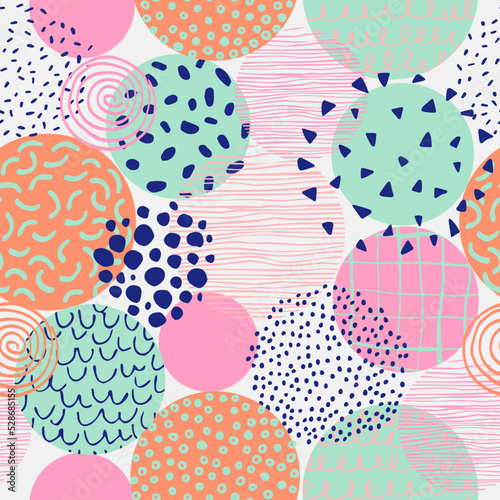 Abstract geometric seamless pattern with hand drawn doodle scribble circles, minimal texture.