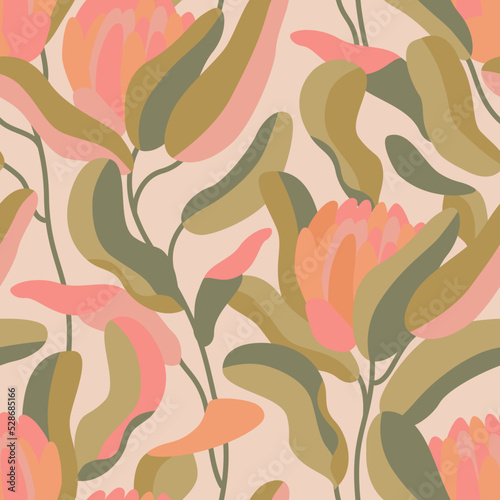 Protea flowers, leaves collage motif background in modern style