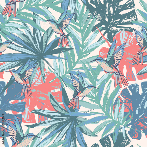 Flying exotic birds, palm, monstera leaves seamless pattern.