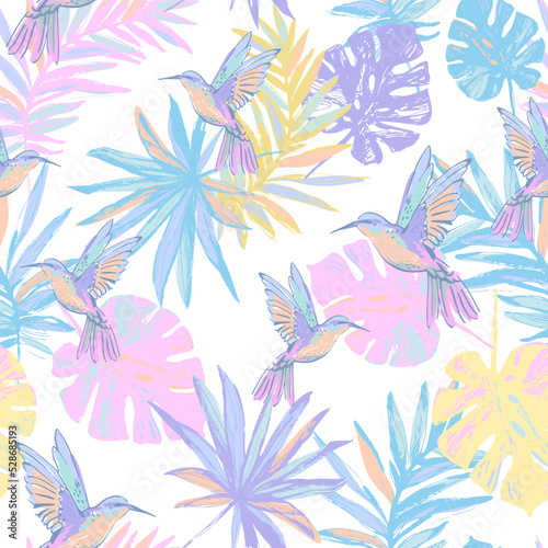 Flying exotic birds, palm, monstera leaves seamless pattern.