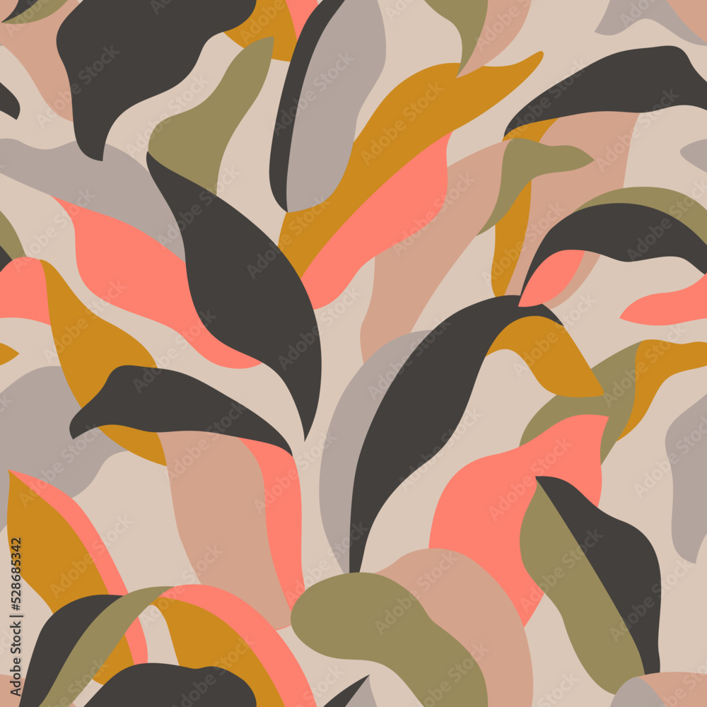 Elegant botanical leaves abstract seamless pattern. Tropical bush modern art.