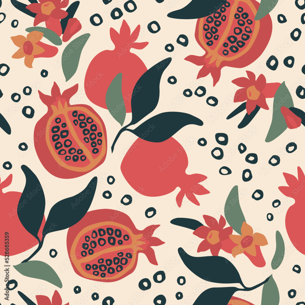 Abstract pomegranate drawing seamless pattern. Fresh organic fruits and blooming flowers on seeds background.