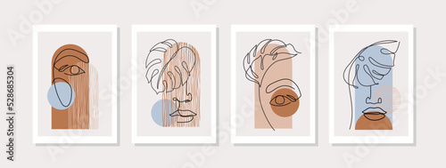 Abstract continuous woman face parts, tropical leaves, geometric shapes poster set in 1950 mid century style