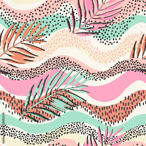 Colorful grunge textured palm leaves on wavy seamless pattern