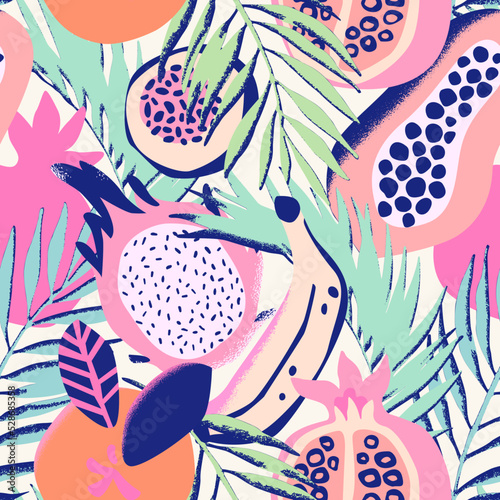 Abstract dragon fruit, papaya, orange, banana, pomegranate drawing seamless pattern. Tropical fruits background