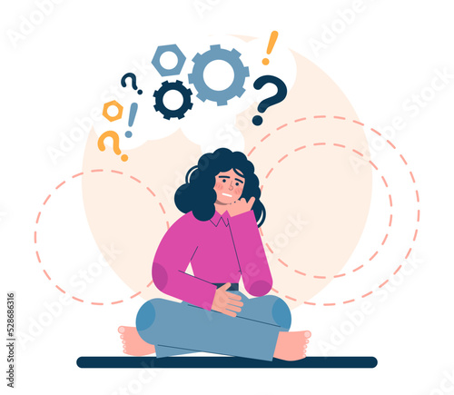 Thinking process. Character full of thoughts searching for an answer