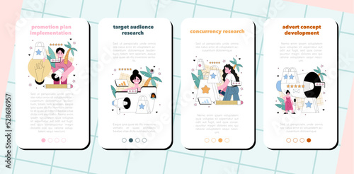 Brand manager mobile application banner set. Specialist developing