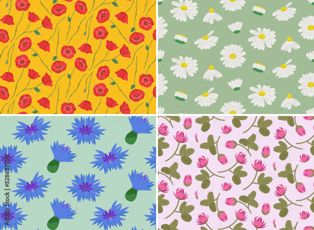 Fototapeta premium Seamless patterns with different wildflowers. Nature textures in cartoon style.